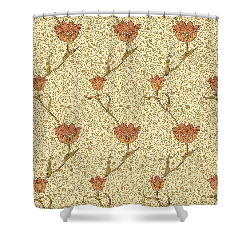 William Shower Curtain featuring the mixed media Tulip Garden by Morris by Philip Ralley