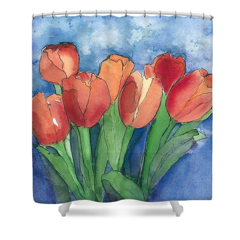 Red And Orange Tulips Shower Curtain featuring the painting Tulips After the Rain by Maria Hunt
