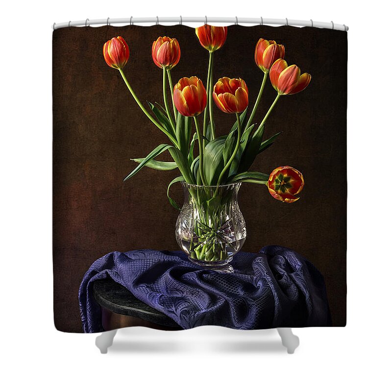Vase Shower Curtain featuring the photograph Tulips In A Crystal Vase by Endre Balogh