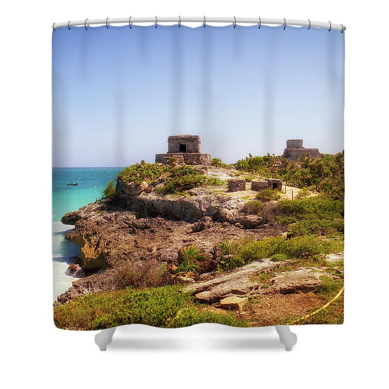 Water's Edge Shower Curtain featuring the photograph Tulum Temple by Aarstudio