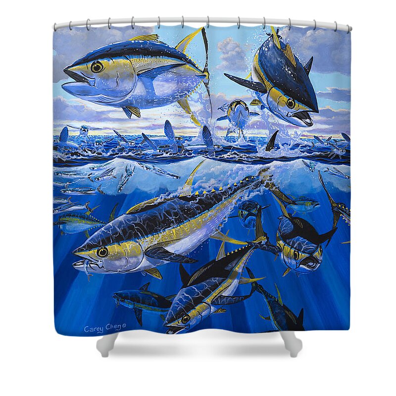 Tuna Shower Curtain featuring the painting Tuna rampage Off0018 by Carey Chen