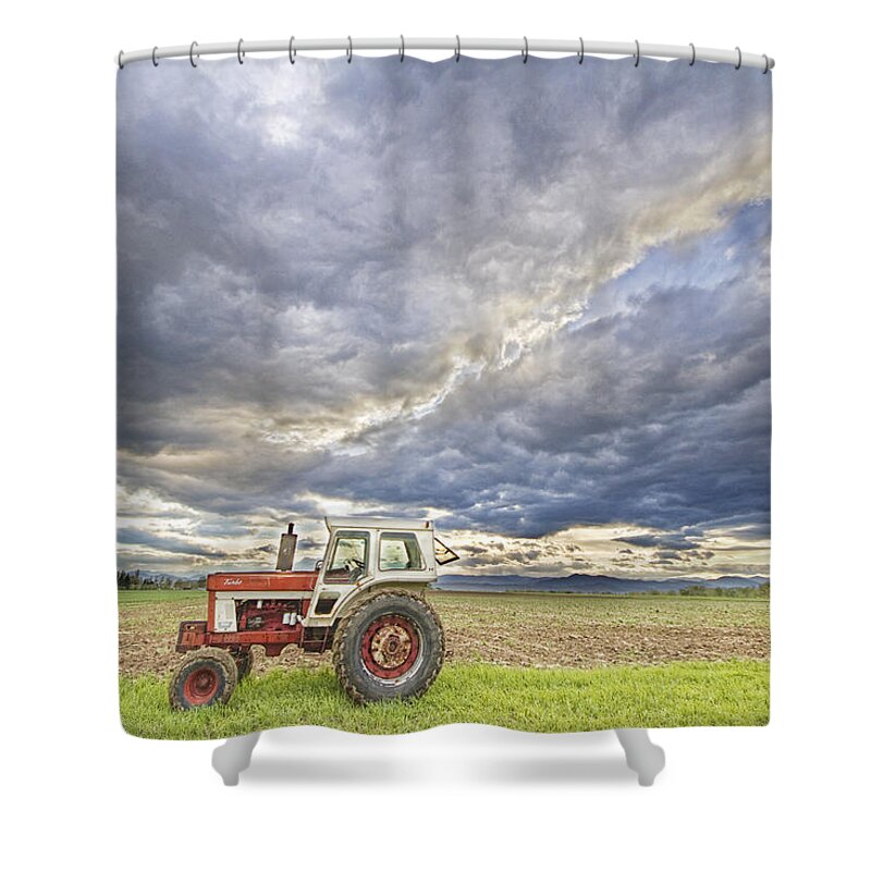 Farming Shower Curtain featuring the photograph Turbo Tractor Country Evening Skies by James BO Insogna