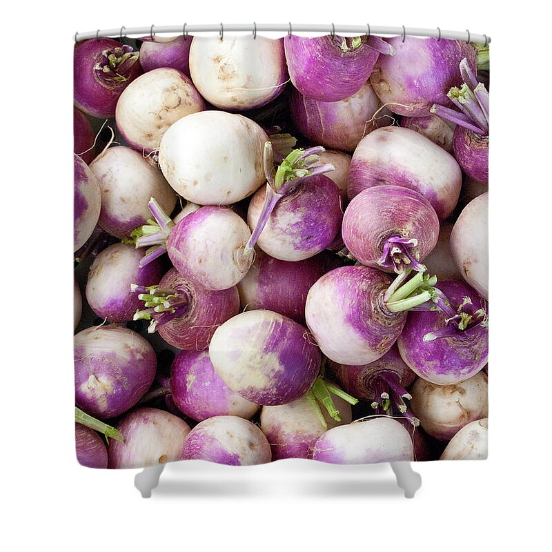 Purple Shower Curtain featuring the photograph Turnips At A Farmers Market by Bill Boch