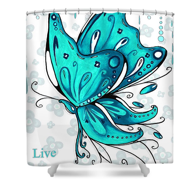 Butterfly Shower Curtain featuring the painting Turquoise Aqua Butterfly and Flowers Inspirational Painting Design Megan Duncanson Live Beautifully by Megan Aroon