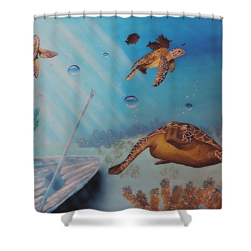 Ocean Shower Curtain featuring the painting Turtles At Sea by Dianna Lewis