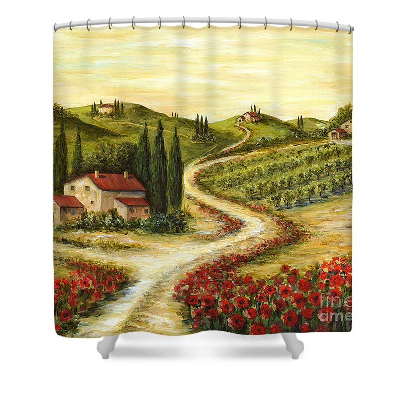 Tuscany Shower Curtain featuring the painting Tuscan road With Poppies by Marilyn Dunlap