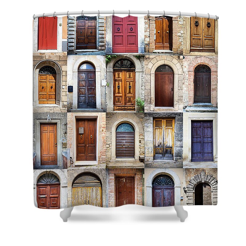 Arch Shower Curtain featuring the photograph Tuscan Wooden Doors, Italy by Moreiso