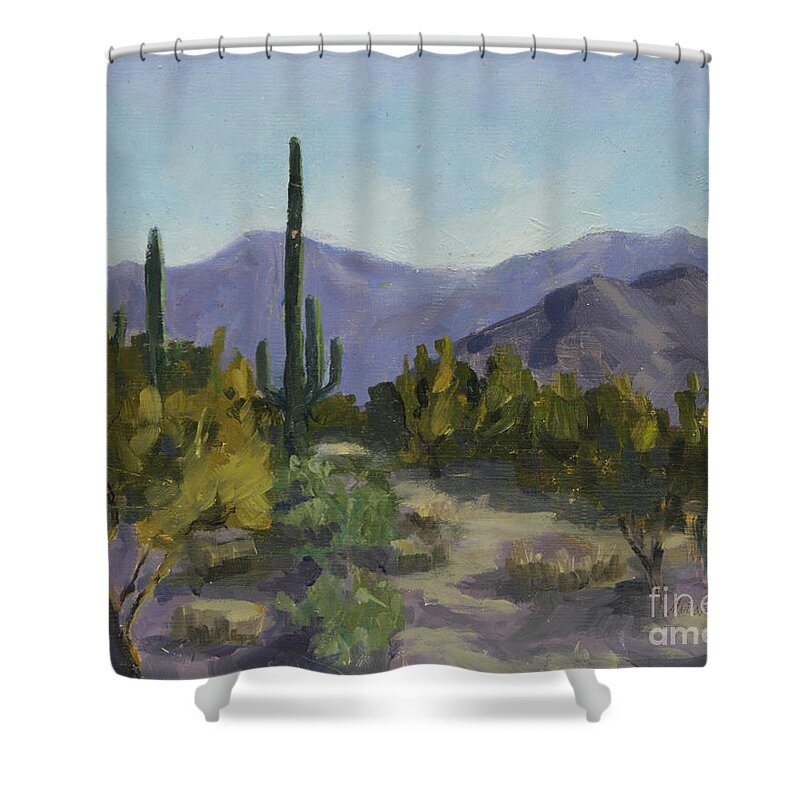 Saguaro Shower Curtain featuring the painting The Serene Desert by Maria Hunt