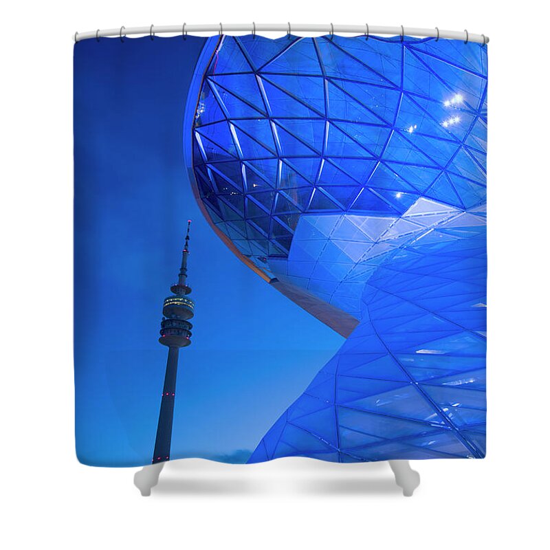 Communications Tower Shower Curtain featuring the photograph Tv Tower And Modern Building by Grant Faint