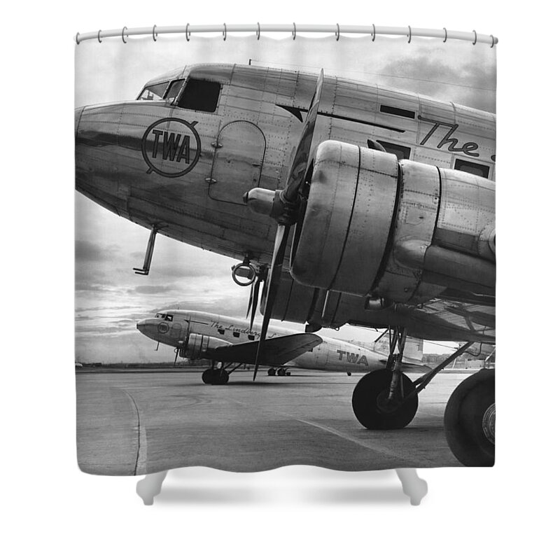 1930's Shower Curtain featuring the photograph Twa Dc-3b by Underwood Archives