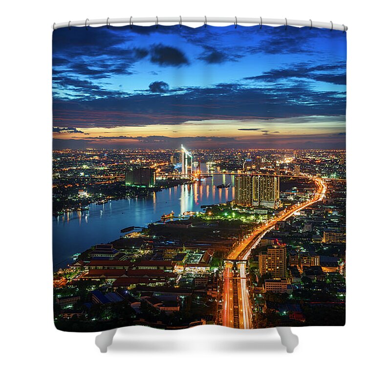 Built Structure Shower Curtain featuring the photograph Twilight Over Chao-phra-ya River by Atomiczen