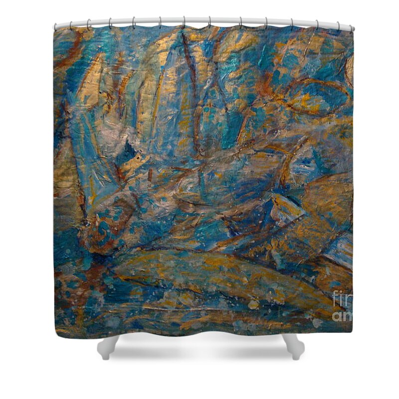 Sea Scape Shower Curtain featuring the painting Twilight Sails by Fereshteh Stoecklein