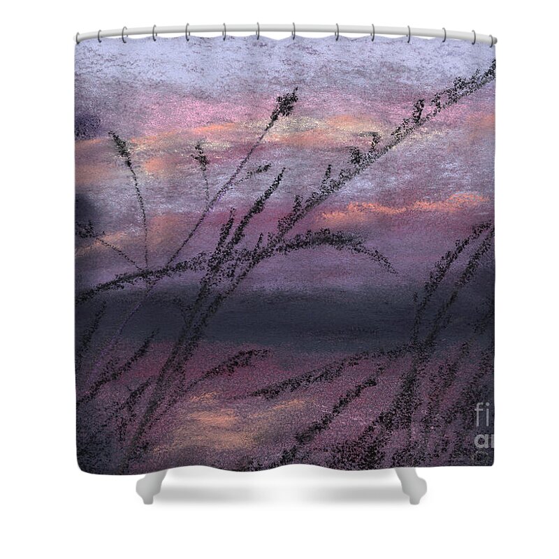 Twilight Shower Curtain featuring the pastel Twilight Silhouette by Ginny Neece
