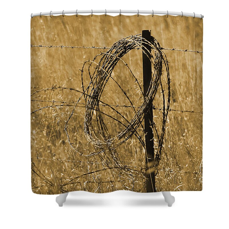 Fence Shower Curtain featuring the photograph Twisted - Sepia by Mary Carol Story