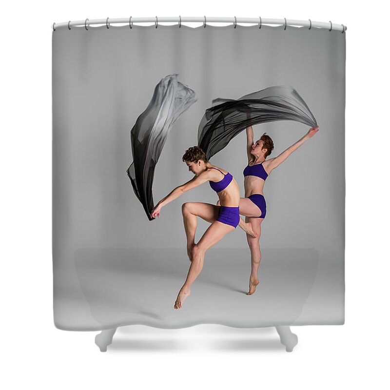 Ballet Dancer Shower Curtain featuring the photograph Two Ballerinas Dancing Wile Holding by Nisian Hughes