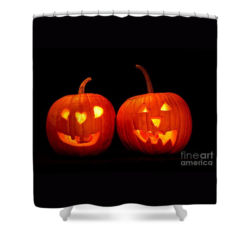 Halloween Shower Curtain featuring the photograph Two Carved Jack O Lantern Pumpkins by James BO Insogna