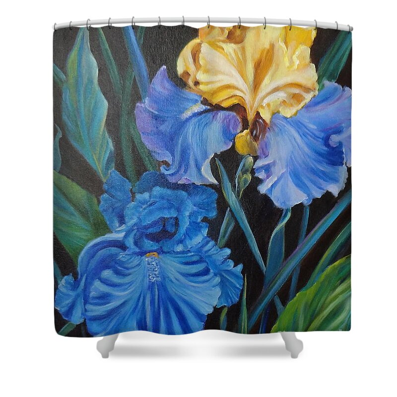 Blue Iris Shower Curtain featuring the painting Two Fancy Iris by Jenny Lee