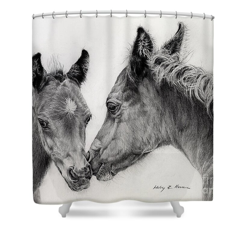 Arab Foal Shower Curtain featuring the drawing Two Foals by Hailey E Herrera