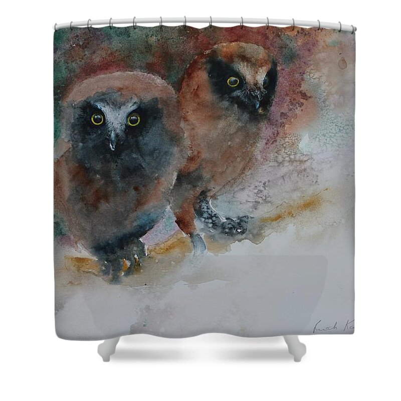 Owls Shower Curtain featuring the painting Two Hoots by Ruth Kamenev