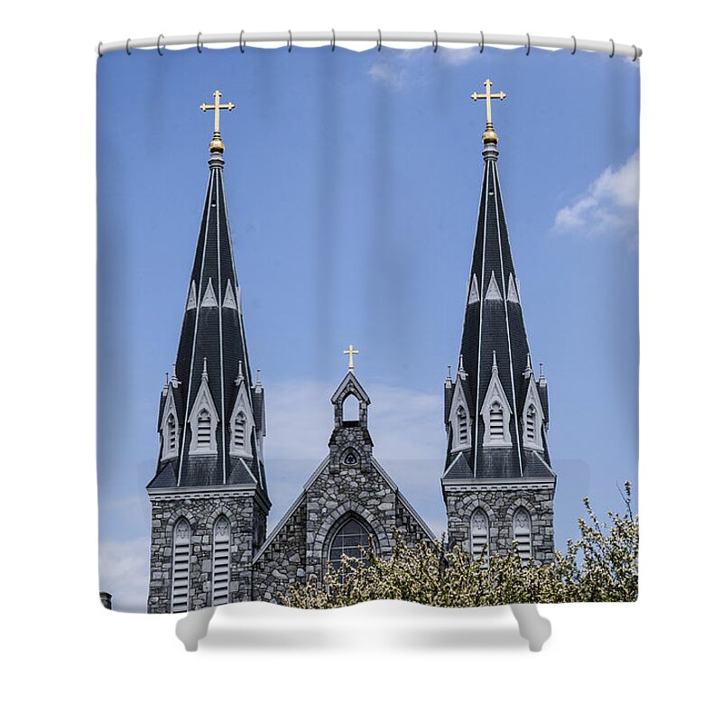 Church Shower Curtain featuring the photograph Two Spires by Judy Wolinsky