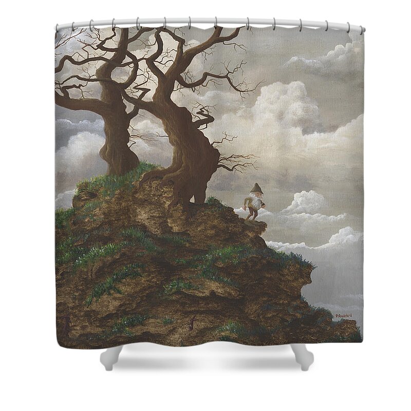 Fantasy Shower Curtain featuring the painting Two Trees on a Hill by Peter Rashford