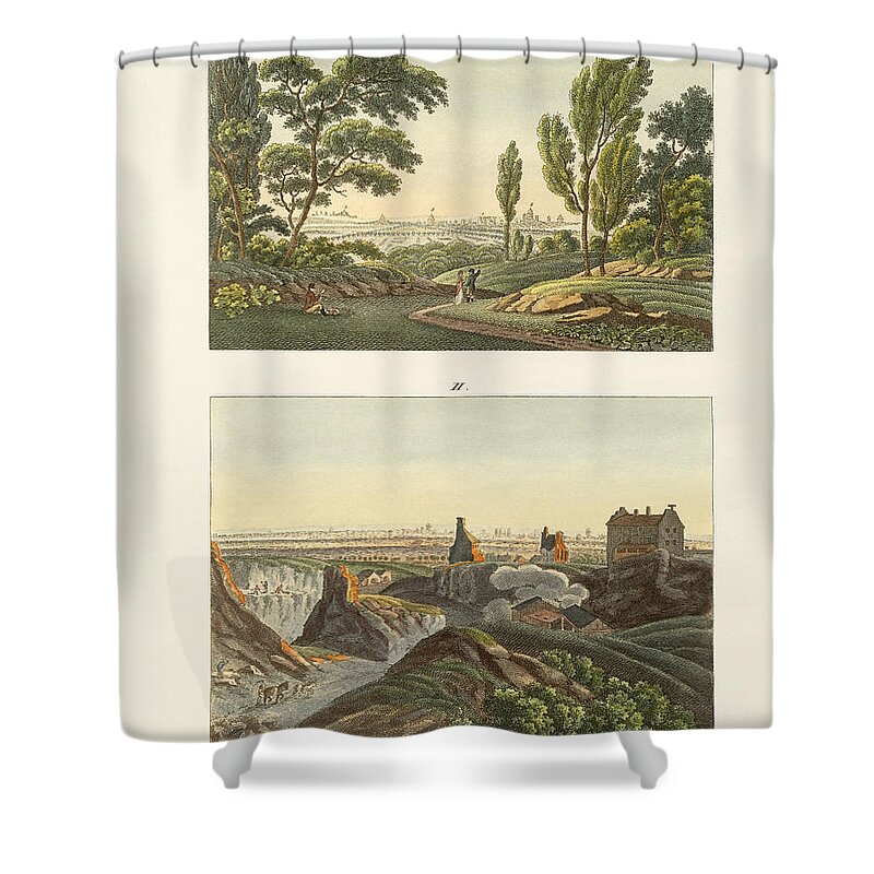 Bertuch Shower Curtain featuring the drawing Two views of Paris by Splendid Art Prints