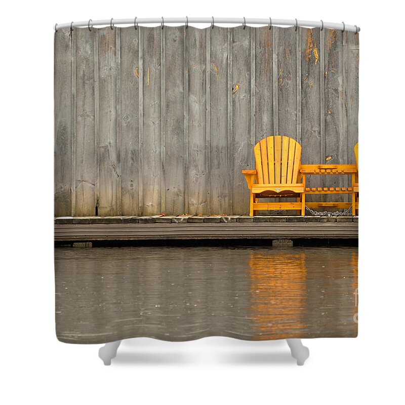 Two Shower Curtain featuring the photograph Two wooden chairs on an old dock by Les Palenik