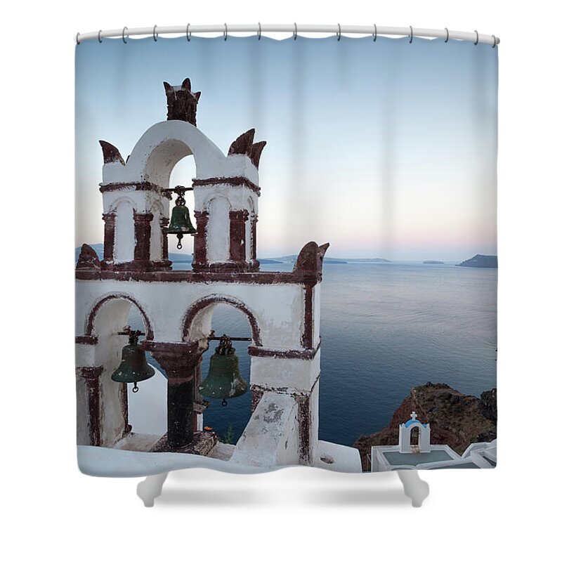 Tranquility Shower Curtain featuring the photograph Typical Bell Tower In Oia, Santorini by Matteo Colombo