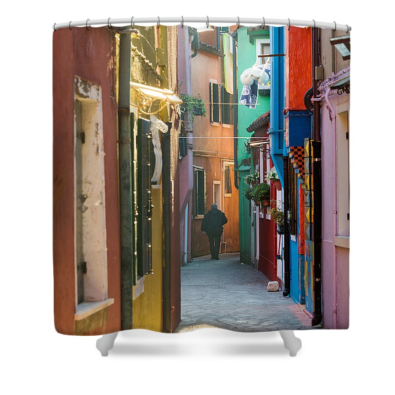 Venice Shower Curtain featuring the photograph Typical street with colorful houses in Burano - Venice by Matteo Colombo