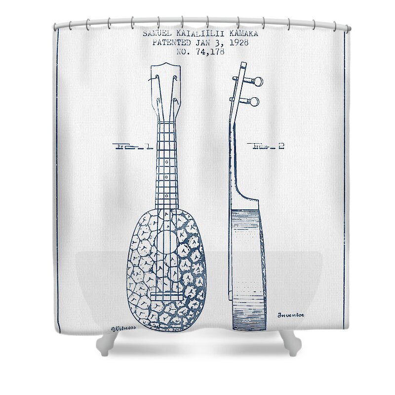 Ukulele Shower Curtain featuring the digital art Ukulele Patent Drawing from 1928 - Blue Ink by Aged Pixel