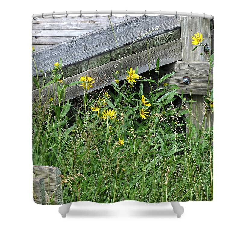 Yellow Flowers Shower Curtain featuring the photograph Under the Boardwalk by Laurel Powell