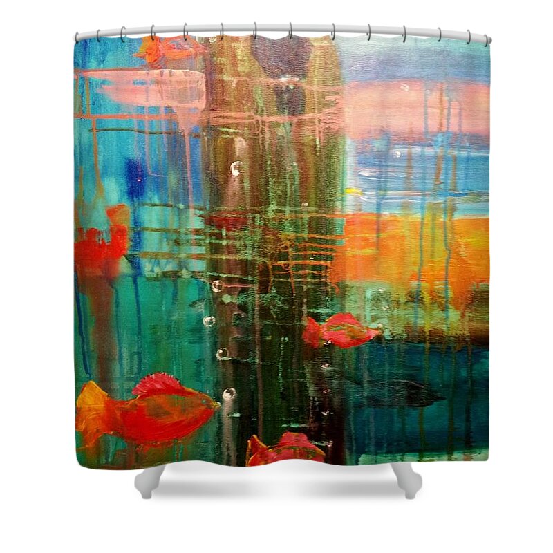 Fish Shower Curtain featuring the painting Under the Dock by Renate Wesley