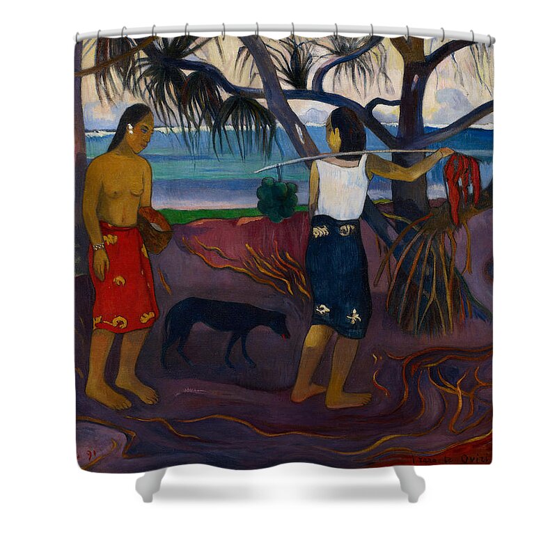 Paul Gauguin Shower Curtain featuring the painting Under the Pandanus II by Paul Gauguin