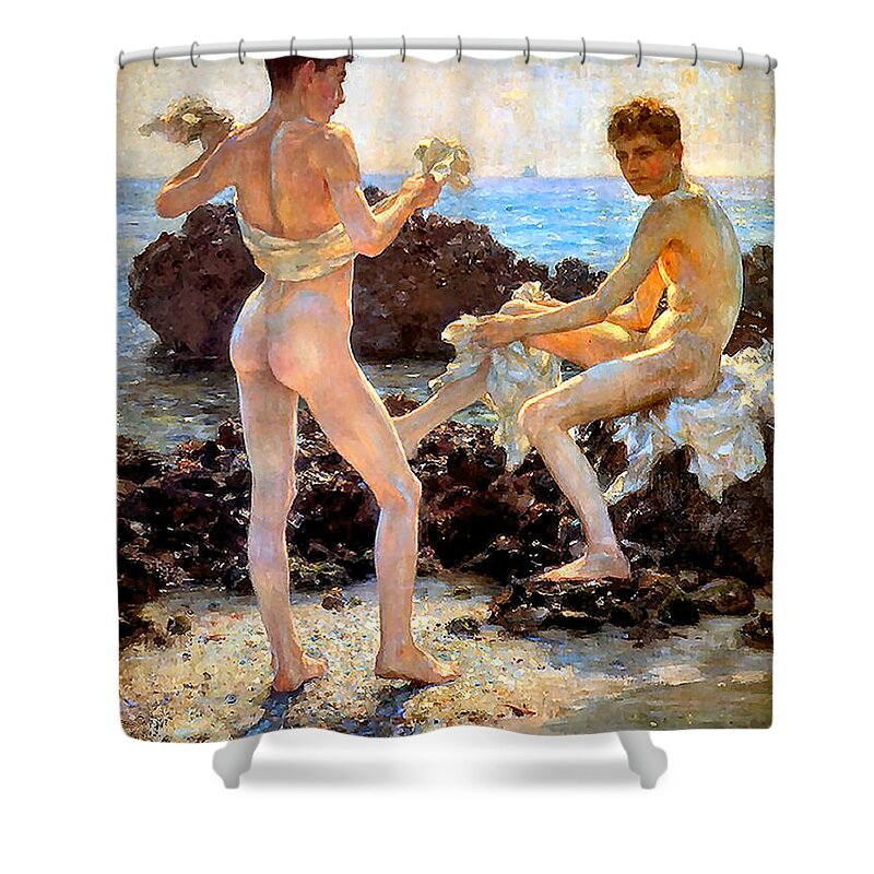 Henry Scott Tuke Shower Curtain featuring the painting Under the Western Sun by Henry Scott Tuke