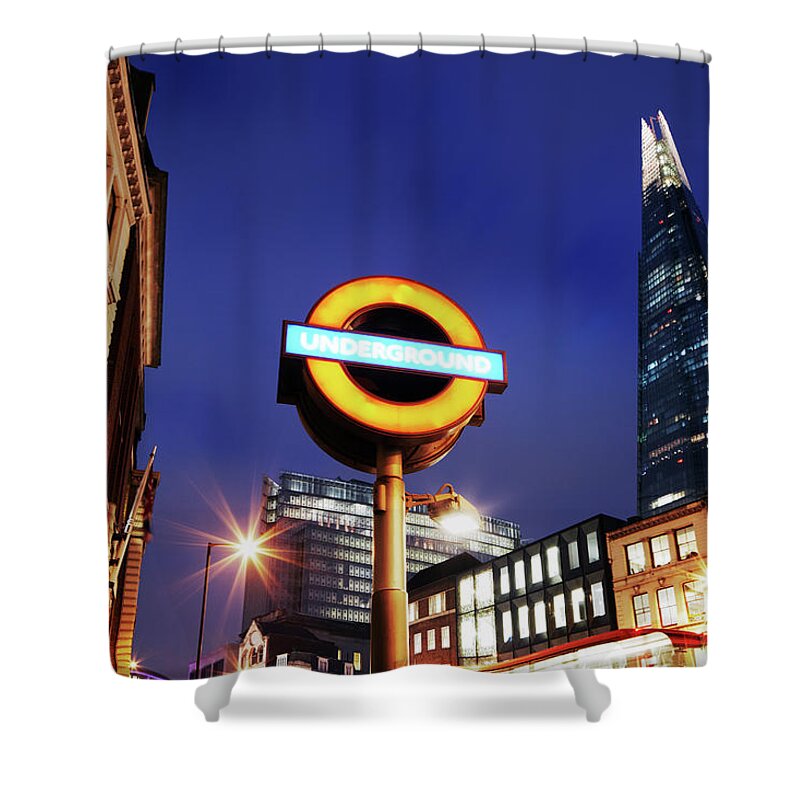 London Underground Shower Curtain featuring the photograph Underground Sign In Street By The Shard by Gary Yeowell