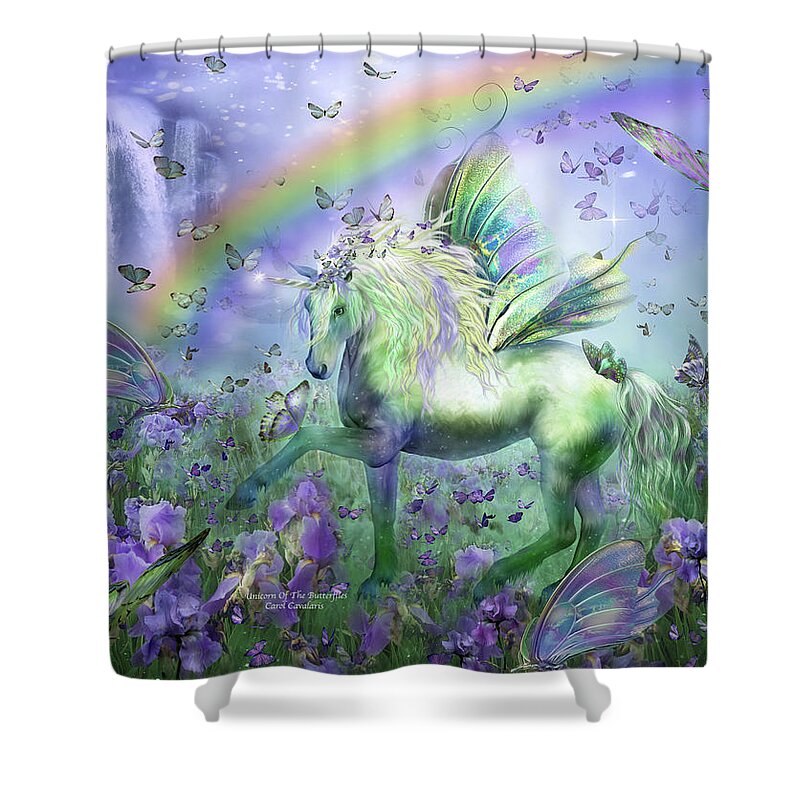 Unicorn Shower Curtain featuring the mixed media Unicorn Of The Butterflies by Carol Cavalaris