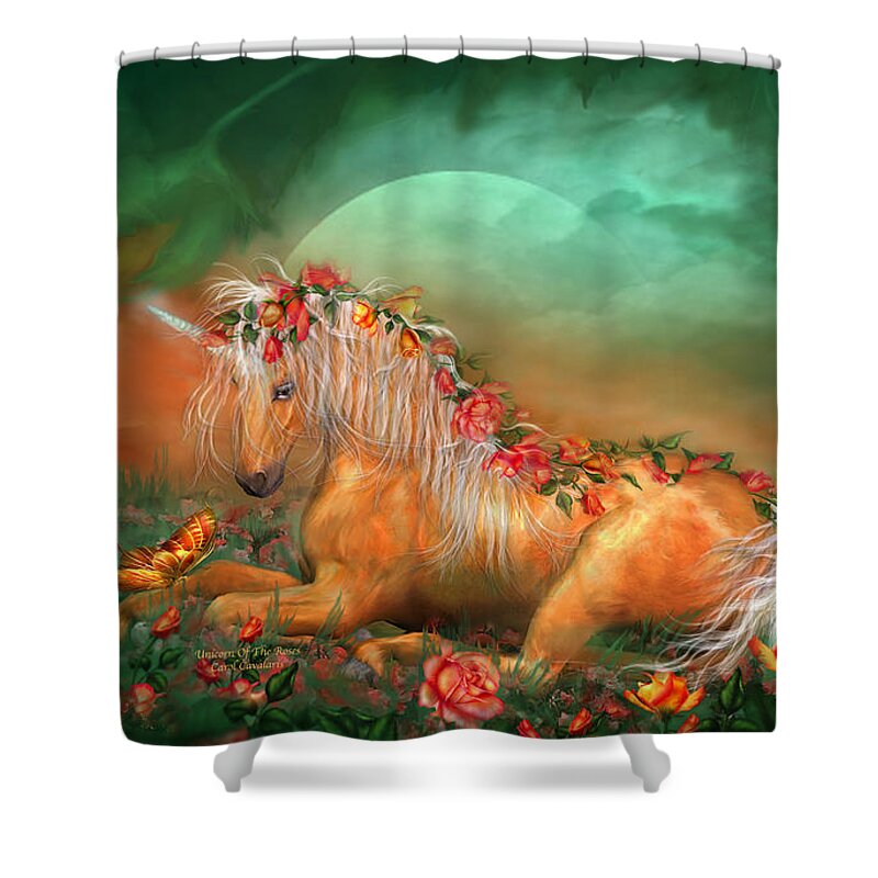 Unicorn Shower Curtain featuring the mixed media Unicorn Of The Roses by Carol Cavalaris