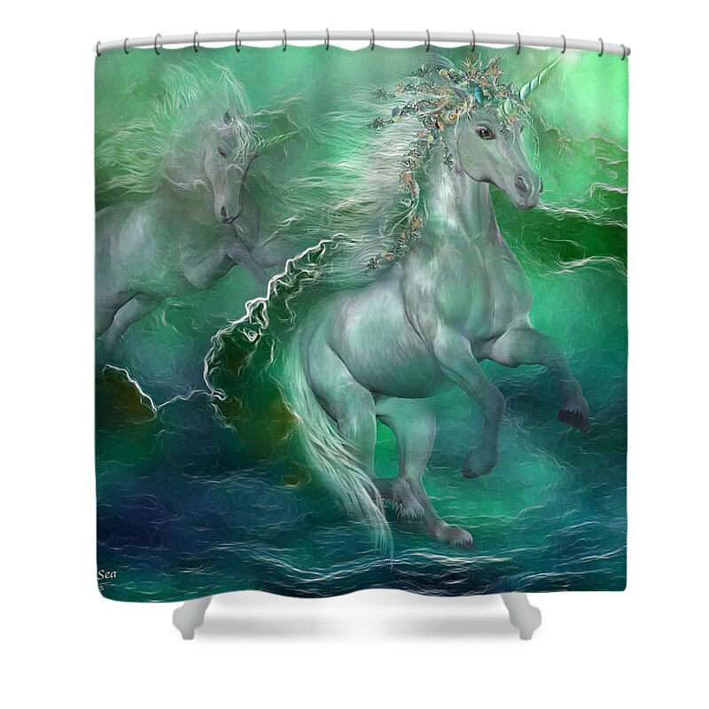 Unicorn Shower Curtain featuring the mixed media Unicorns Of The Sea by Carol Cavalaris