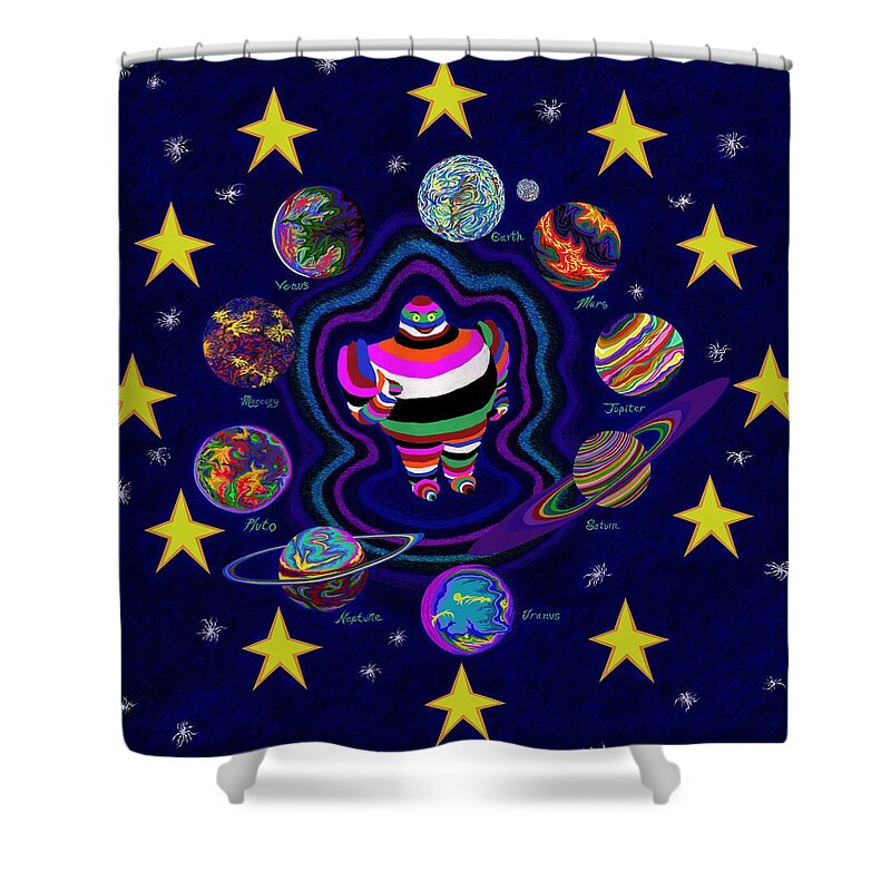 Planets Shower Curtain featuring the painting United Planets of Eurotrazz by Robert SORENSEN