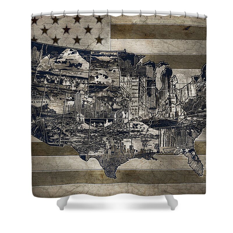 Map Shower Curtain featuring the painting United States Flag Map Vintage 4 by Bekim M