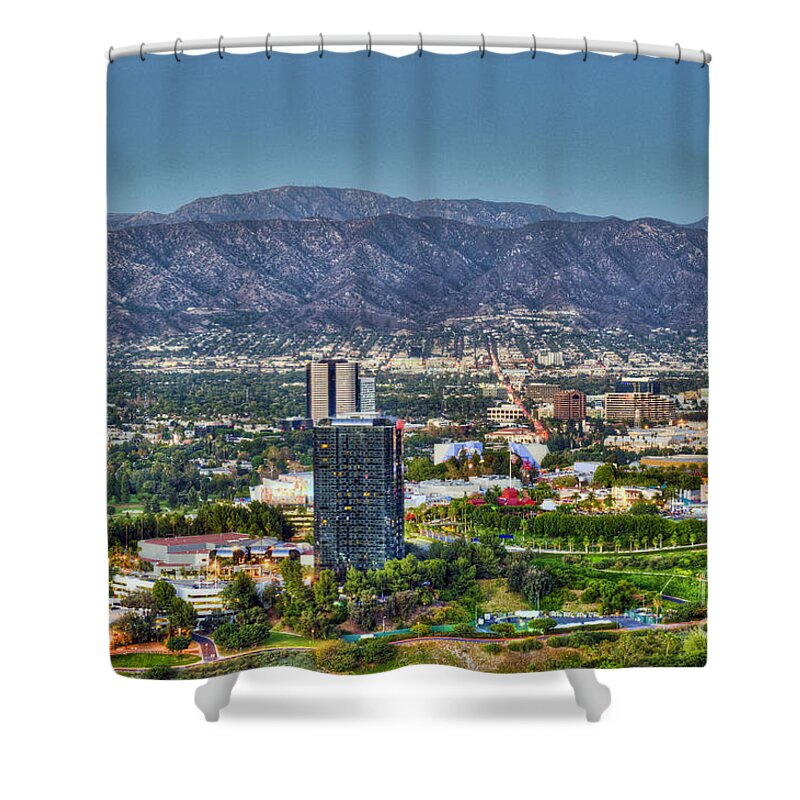 Clear Day Shower Curtain featuring the photograph Universal City Warner Bros Studios Clear Day by David Zanzinger
