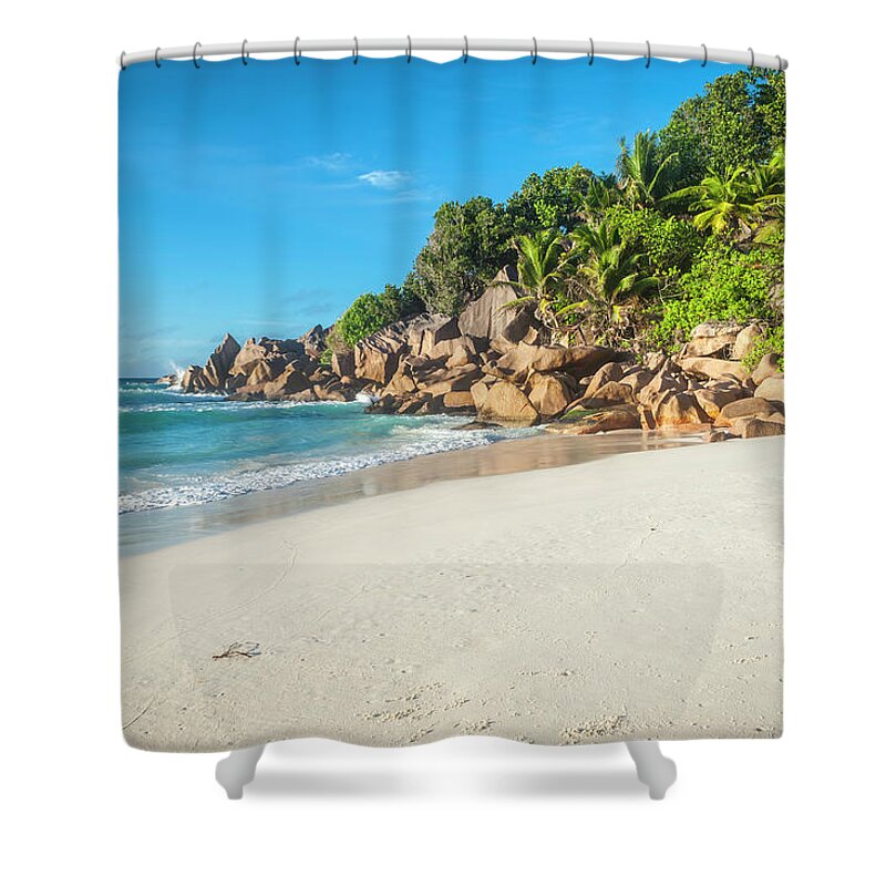 Tropical Rainforest Shower Curtain featuring the photograph Unspoilt Desert Island Beach Beside by Fotovoyager