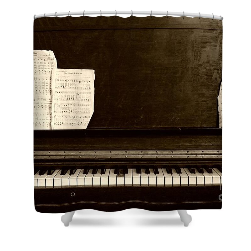 Upright Piano Shower Curtain featuring the photograph Upright Piano with Religious Sheet Music by John Harmon