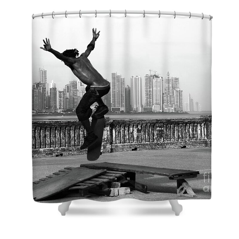 Skateboarder Shower Curtain featuring the photograph Urban flight 2 by James Brunker