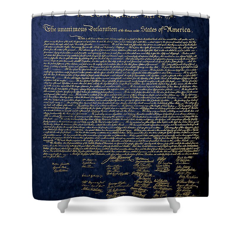 C7 Antique-vintage-retro Americana Shower Curtain featuring the digital art U.S. Declaration of Independence in Gold on Blue Velvet by Serge Averbukh