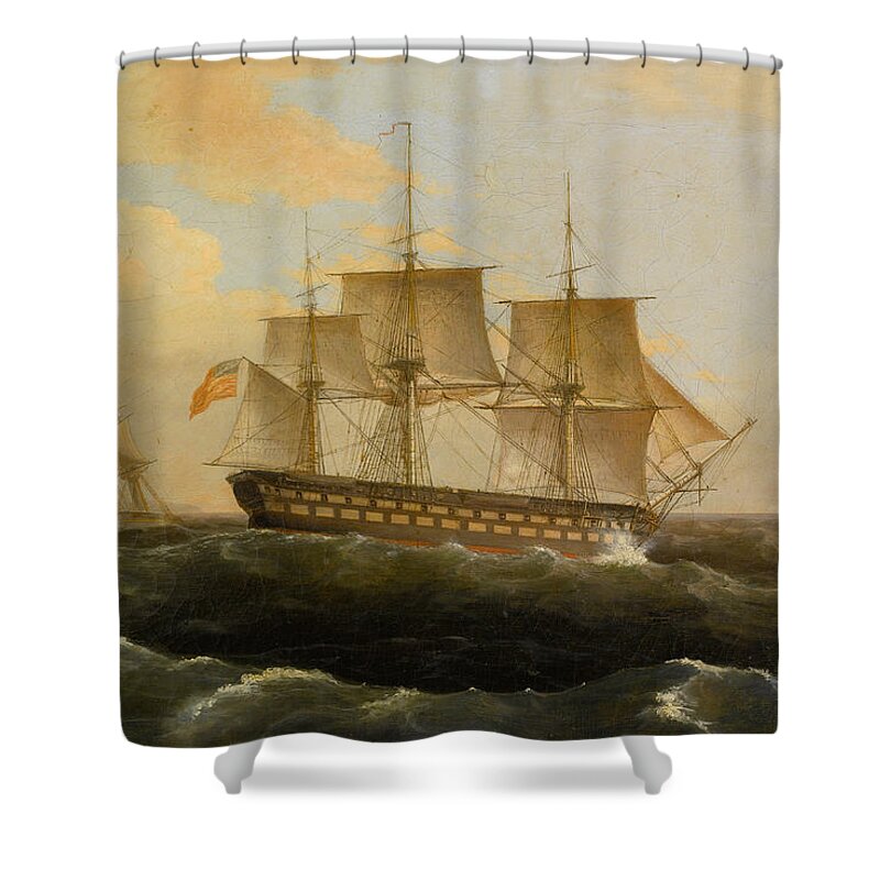 Thomas Birch Shower Curtain featuring the painting US Frigate President by Thomas Birch