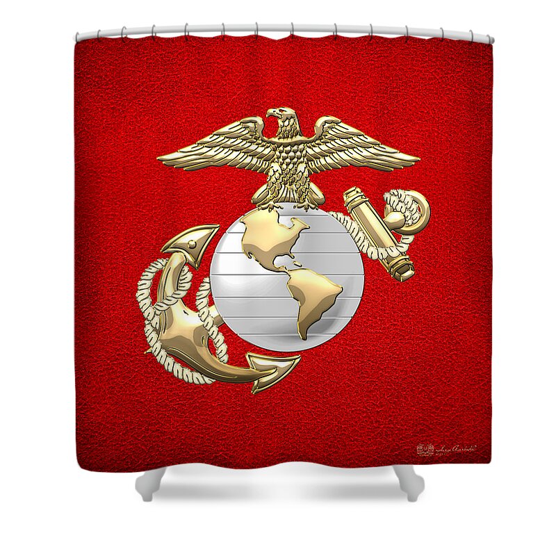 'military Insignia & Heraldry 3d' Collection By Serge Averbukh Shower Curtain featuring the digital art U. S. Marine Corps Eagle Globe and Anchor - E G A on Red Leather by Serge Averbukh