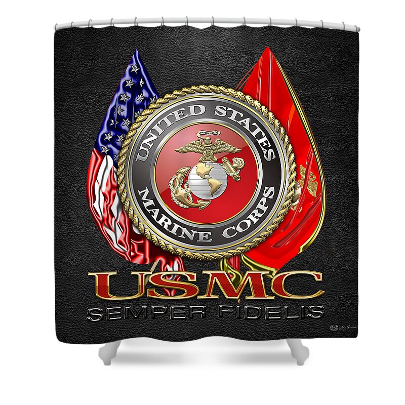 'military Insignia & Heraldry 3d' Collection By Serge Averbukh Shower Curtain featuring the digital art U. S. Marine Corps U S M C Emblem on Black by Serge Averbukh