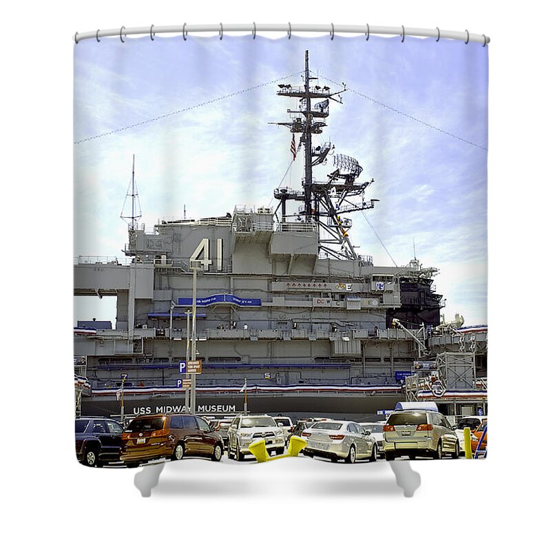 Tags:claudia's Art Dream Shower Curtain featuring the photograph Uss MIDWAY MUSEUM CV 41 Aircraft carrier- from parking lot view by Claudia Ellis