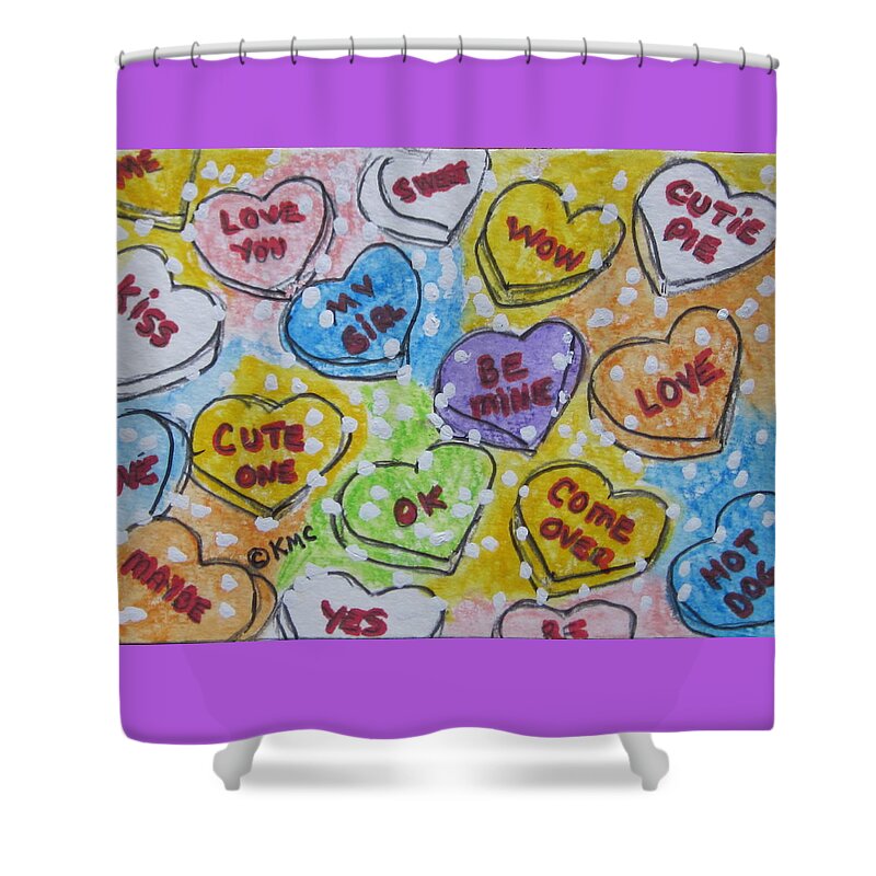 Valentine Shower Curtain featuring the painting Valentine Candy Hearts by Kathy Marrs Chandler